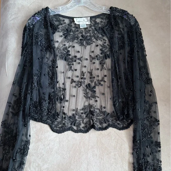 Laurence Kazar Black Embroidered Beaded Sheer Topper - Picture 2 of 3